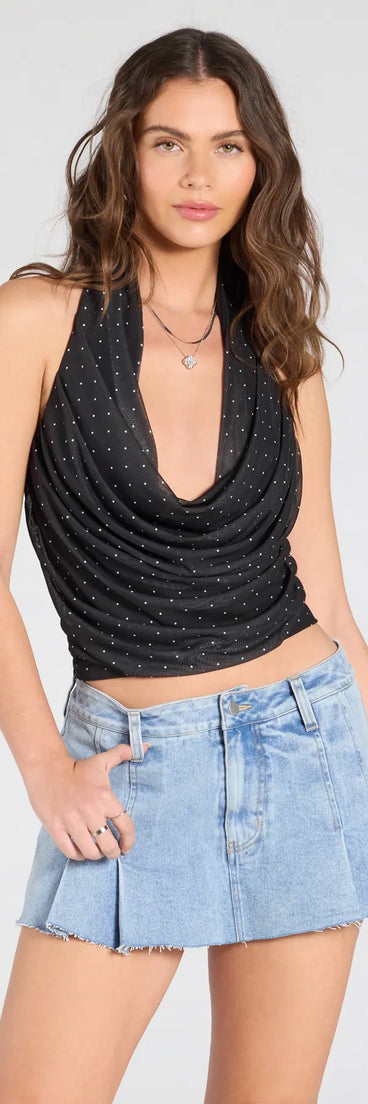 From bold to effortless, the Compliments Please Polka Dot Mesh Halter Top lets you define your vibe with black tops that speak your style.