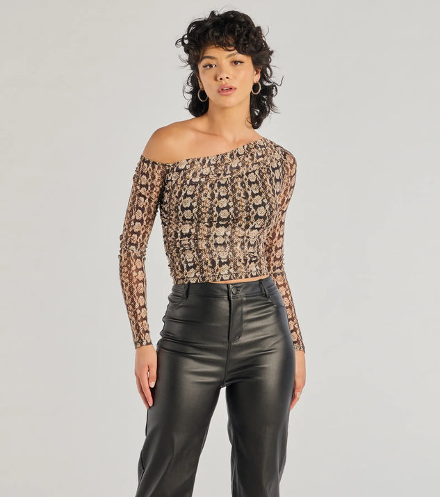 The Bold Edge Snake Print Mesh Long Sleeve Top in snake print with a modern design and trendy look is part of the latest women's tops collection to elevate your 2025 wardrobe.