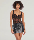 The Floral Stunner Flocked Bustier Bodysuit in brown with a modern design and trendy look is part of the latest women's tops collection to elevate your 2025 wardrobe.