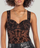The Floral Stunner Flocked Bustier Bodysuit in brown is an elevated pick for your best outfit yet, effortlessly delivering a polished look that's sure to turn heads at any celebration.