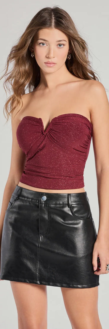 The Night Life Strapless Glitter Crop Top in burgundy with a modern design and trendy look is part of the latest women's tops collection to elevate your 2025 wardrobe.