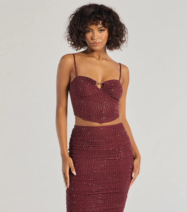 The Bright Vibes Rhinestone Cropped Corset Top in plum with a modern design and trendy look is part of the latest women's tops collection to elevate your 2025 wardrobe.