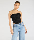 The Talk Lace Strapless Corset Top in black brings edge and energy to your vibe, ready to elevate any festival look or concert outfit.