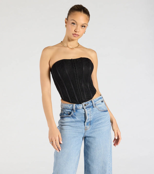The Talk Lace Strapless Corset Top in black brings edge and energy to your vibe, ready to elevate any festival look or concert outfit.