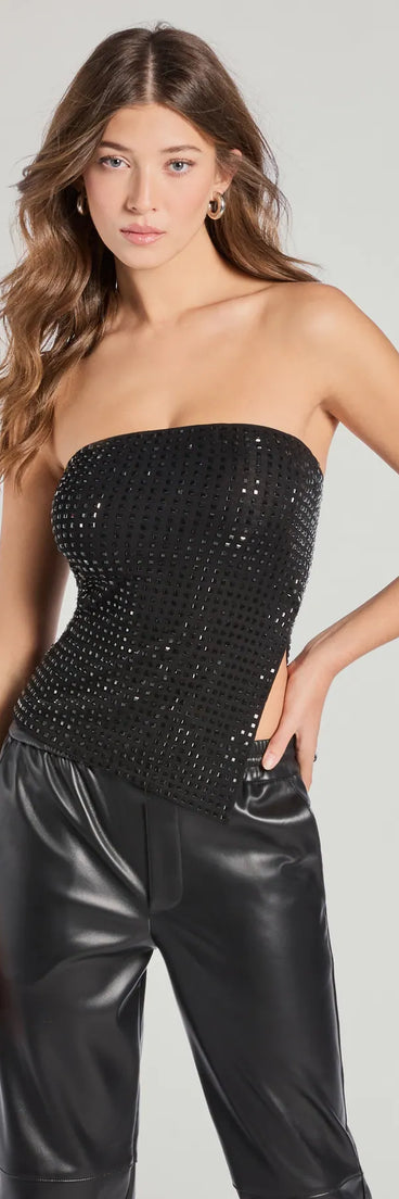The All Nighter Strapless Rhinestone Crop Top in black with a modern design and trendy look is part of the latest women's tops collection to elevate your 2025 wardrobe.