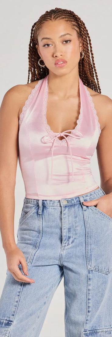 The Lace Be Real Halter Satin Crop Top in pink with a modern design and trendy look is part of the latest women's tops collection to elevate your 2025 wardrobe.