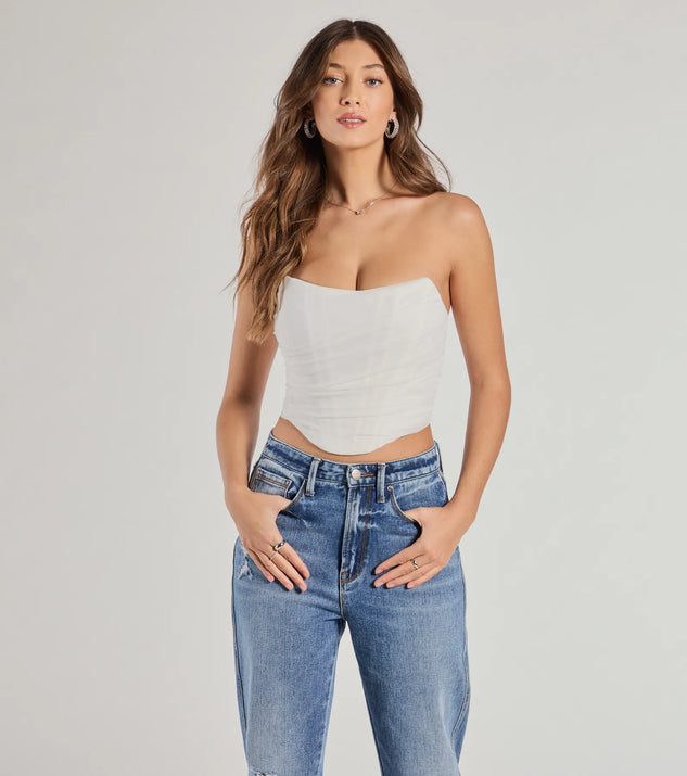 The Hit The Streets Strapless Mesh Corset Top in ivory with a modern design and trendy look is part of the latest women's tops collection to elevate your 2025 wardrobe.