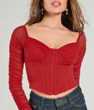 The Downtown Looks Long Sleeve Mesh Bustier in red with a modern design and trendy look is part of the latest women's tops collection to elevate your 2025 wardrobe.