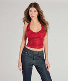 The Glitzy Chic Cropped Rhinestone Halter Top in red with a modern design and trendy look is part of the latest women's tops collection to elevate your 2025 wardrobe.