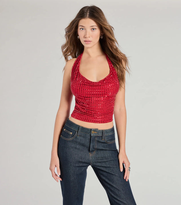 The Glitzy Chic Cropped Rhinestone Halter Top in red with a modern design and trendy look is part of the latest women's tops collection to elevate your 2025 wardrobe.