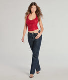 The Glitzy Chic Cropped Rhinestone Halter Top in red brings edge and energy to your vibe, ready to elevate any festival look or concert outfit.