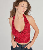 The party-ready Glitzy Chic Cropped Rhinestone Halter Top is a red going-out top showcasing a seasonal color and modern silhouette to create outfits for date nights, cocktail parties, or clubwear.
