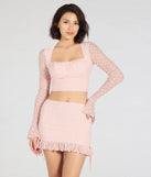 Stay on-trend this season with the Perfect Match Long Sleeve Lace Crop Top in pink, a must-have for creating stylish and effortless spring outfits for women.