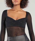 The Sultry Fab Rhinestone Sheer Mesh Bodysuit in black with a modern design and trendy look is part of the latest women's tops collection to elevate your 2025 wardrobe.