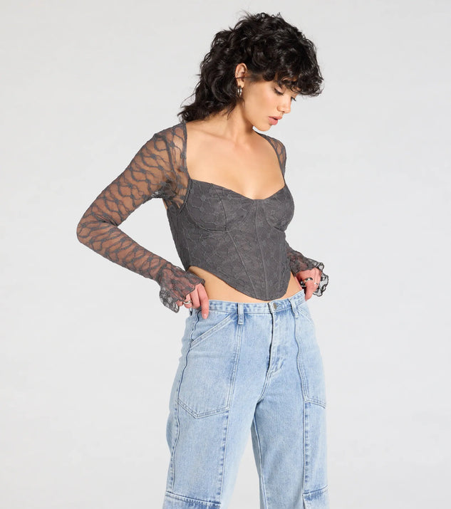 The Current Mood Lace Long Sleeve Corset Top in gray brings edge and energy to your vibe, ready to elevate any festival look or concert outfit.