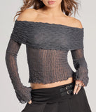 The 2000s Classic Off-The-Shoulder Texture Crop Top in gray with a modern design and trendy look is part of the latest women's tops collection to elevate your 2025 wardrobe.
