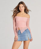The Trendy Babe Off-The-Shoulder Ruched Lace Top in pink with a modern design and trendy look is part of the latest women's tops collection to elevate your 2025 wardrobe.