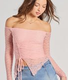The Trendy Babe Off-The-Shoulder Ruched Lace Top in pink with a modern design and trendy look is part of the latest women's tops collection to elevate your 2025 wardrobe.