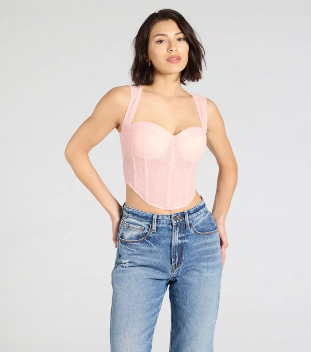 Stay on-trend this season with the Make Hearts Flutter Lace Corset Top in pink, a must-have for creating stylish and effortless spring outfits for women.