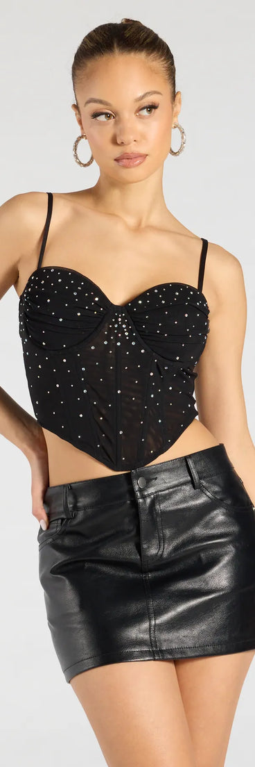 The Stunned By Luxe Rhinestone Mesh Bustier in black brings edge and energy to your vibe, ready to elevate any festival look or concert outfit.