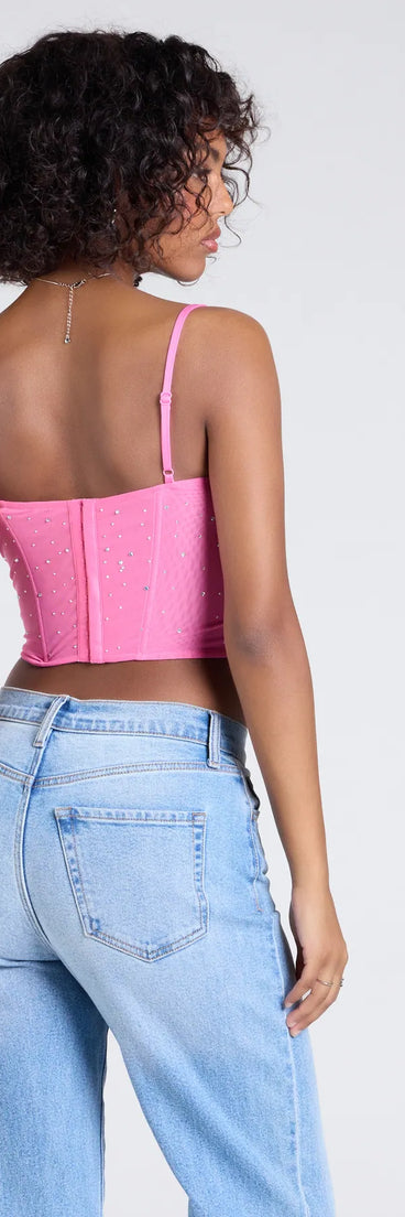 From bold to effortless, the Stunned By Luxe Rhinestone Mesh Bustier lets you define your vibe with pink tops that speak your style.