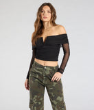 The Desirable Sensation Off-The-Shoulder Mesh Crop Top in black brings edge and energy to your vibe, ready to elevate any festival look or concert outfit.