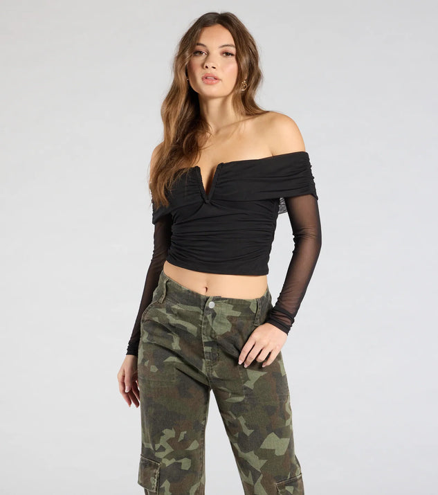 The Desirable Sensation Off-The-Shoulder Mesh Crop Top in black brings edge and energy to your vibe, ready to elevate any festival look or concert outfit.