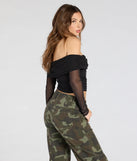 From bold to effortless, the Desirable Sensation Off-The-Shoulder Mesh Crop Top lets you define your vibe with black tops that speak your style.