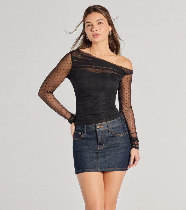 The Sweet Allure Polka Dot Sheer Mesh Long Sleeve Top in black with a modern design and trendy look is part of the latest women's tops collection to elevate your 2025 wardrobe.