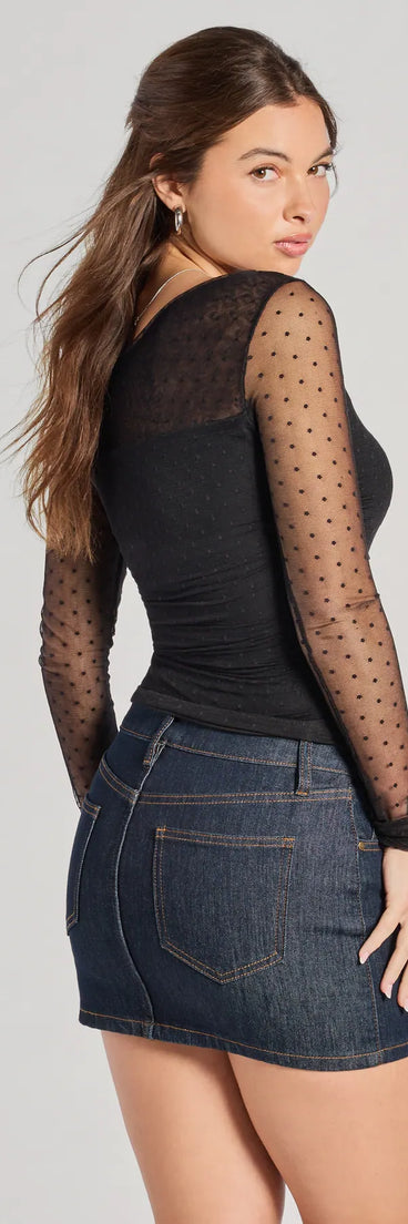 The Sweet Allure Polka Dot Sheer Mesh Long Sleeve Top in black with a modern design and trendy look is part of the latest women's tops collection to elevate your 2025 wardrobe.