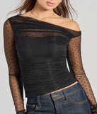 The Sweet Allure Polka Dot Sheer Mesh Long Sleeve Top in black with a modern design and trendy look is part of the latest women's tops collection to elevate your 2025 wardrobe.