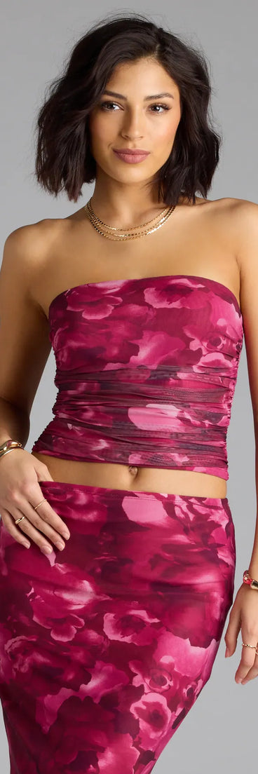Serve effortless style and scroll-stopping energy in the Sultry Bloom Floral Mesh Tube Top, part of a magenta matching clothing set that does the work for you with bold, polished vibes from top to bottom.