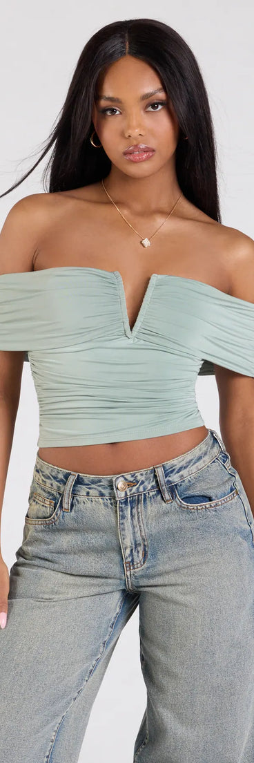 From bold to effortless, the Chic Alert Off-The-Shoulder Crop Top lets you define your vibe with sage green tops that speak your style.