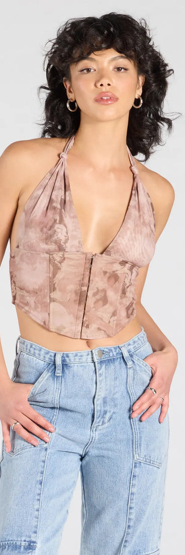 Stay on-trend this season with the Flirt With Destiny Halter Corset Crop Top in brown, a must-have for creating stylish and effortless fall outfits for women.