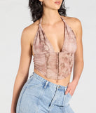 Stay on-trend this season with the Flirt With Destiny Halter Corset Crop Top in brown, a must-have for creating stylish and effortless summer outfits for women.