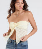 Stay on-trend this season with the Lasting Romance Strapless Lace Crop Top in banana yellow, a must-have for creating stylish and effortless spring outfits for women.