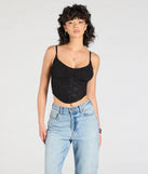 Stay on-trend this season with the Major Impression Lace-Up Corset Top in black, a must-have for creating stylish and effortless spring outfits for women.