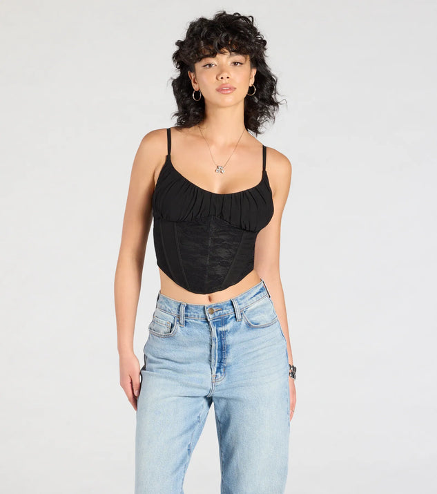 Stay on-trend this season with the Major Impression Lace-Up Corset Top in black, a must-have for creating stylish and effortless spring outfits for women.