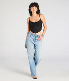 Stay on-trend this season with the Major Impression Lace-Up Corset Top in black, a must-have for creating stylish and effortless spring outfits for women.