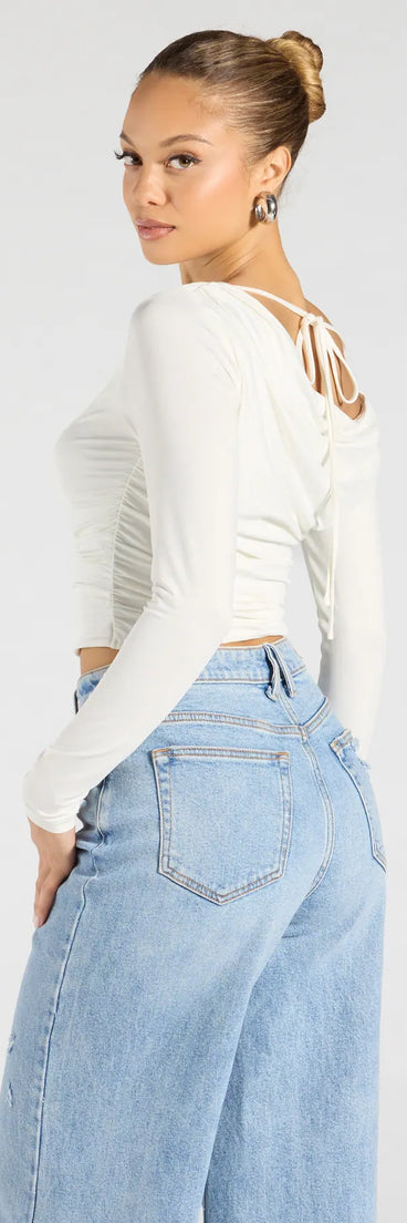 From bold to effortless, the All The Love One-Shoulder Tie Back Crop Top lets you define your vibe with ivory tops that speak your style.