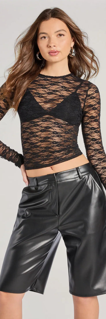 The Lady In Lace Sheer Crop Top in black with a modern design and trendy look is part of the latest women's tops collection to elevate your 2025 wardrobe.