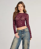 The Lady In Lace Sheer Crop Top in burgundy with a modern design and trendy look is part of the latest women's tops collection to elevate your 2025 wardrobe.
