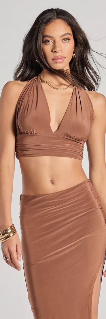 Serve effortless style and scroll-stopping energy in the The One Plunge Halter Crop Top, part of a brown matching clothing set that does the work for you with bold, polished vibes from top to bottom.