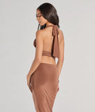 Serve effortless style and scroll-stopping energy in the The One Plunge Halter Crop Top, part of a brown matching clothing set that does the work for you with bold, polished vibes from top to bottom.