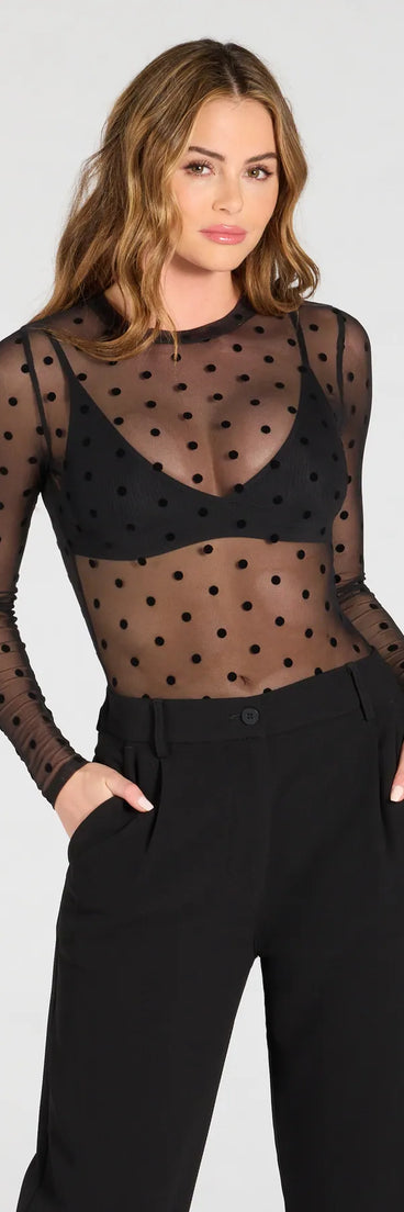From bold to effortless, the Sheer As Can Be Polka Dot Mesh Bodysuit lets you define your vibe with black tops that speak your style.