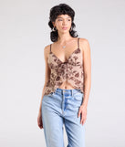 Stay on-trend this season with the Sultry Element V-Neck Floral Velvet Crop Top in mocha brown, a must-have for creating stylish and effortless spring outfits for women.