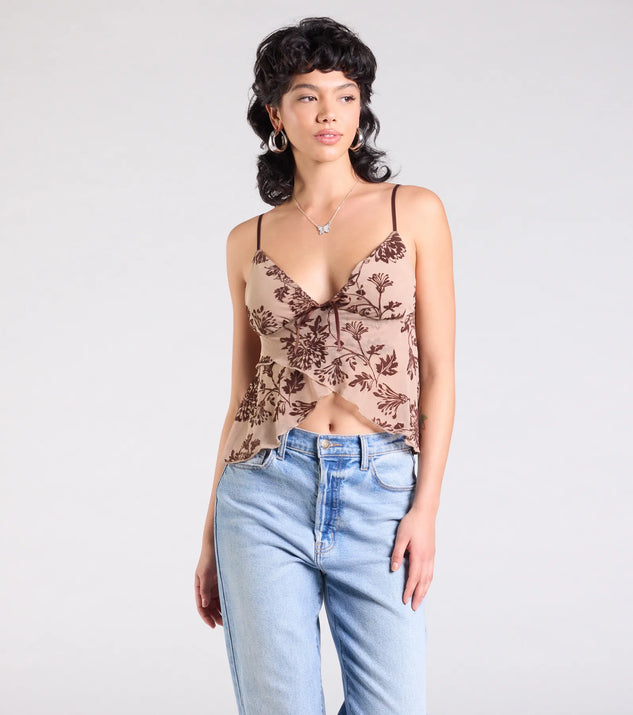 Stay on-trend this season with the Sultry Element V-Neck Floral Velvet Crop Top in mocha brown, a must-have for creating stylish and effortless spring outfits for women.