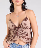 Stay on-trend this season with the Sultry Element V-Neck Floral Velvet Crop Top in mocha brown, a must-have for creating stylish and effortless spring outfits for women.