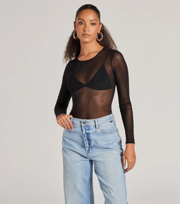 The Love's A Mesh Bodysuit in black with a modern design and trendy look is part of the latest women's tops collection to elevate your 2025 wardrobe.