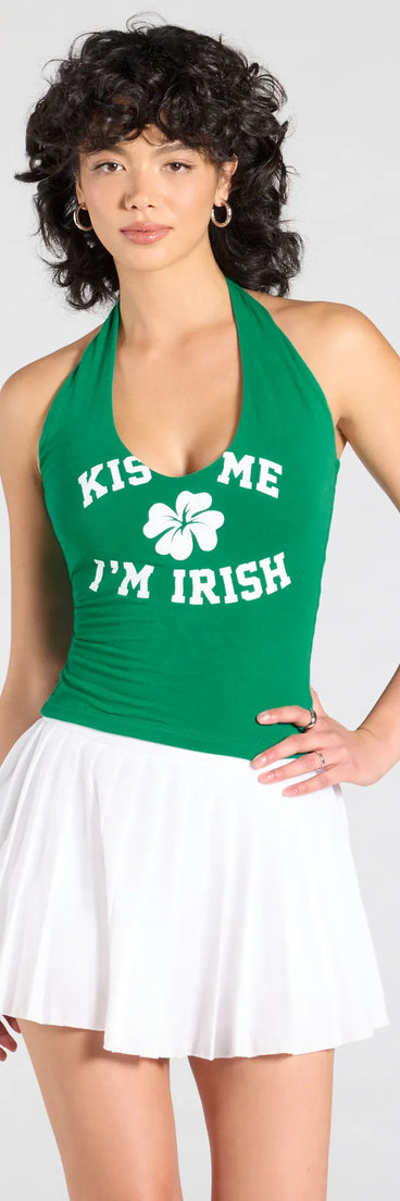 Add a summer refresh to your look with the Kiss Me V-Neck Halter Graphic Top, a trendy top in green made for easy styling for any vibe.